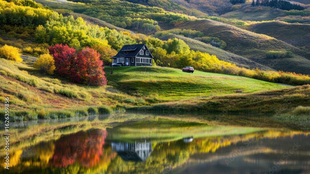 Fototapeta premium In the spring, there is an black and white house on top of green, grassy hills with colorful trees around it. The lake in front reflects its image
