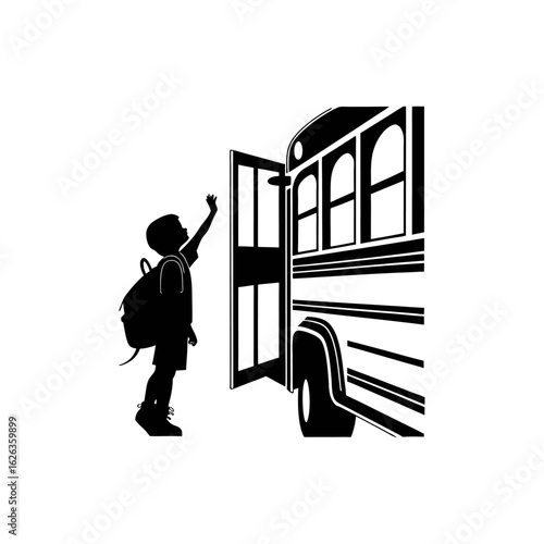 Silhouette of Schoolboy with Backpack Waving at School Bus – Back to School and Childhood Education Vector Illustration