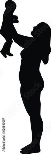 Silhouette adult lifting baby, joyful parenting moment, black vector sketch on white background, emotional family bond illustration, love and care lifestyle connection concept.