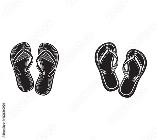 Black and white illustration of two pairs of flip flops representing summer vacation and relaxation on a white background
