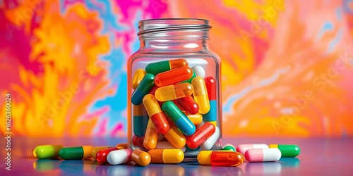 Colorful vitamin capsules in a glass jar against a vibrant background,  bottle,  remedy