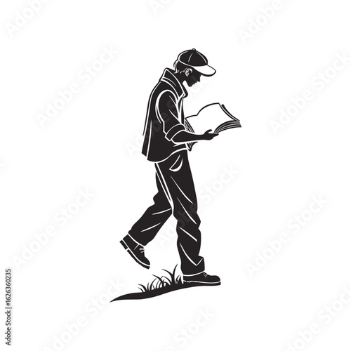 Silhouette of Man Walking While Reading a Book – Education, Curiosity, Learning on the Move Concept Illustration