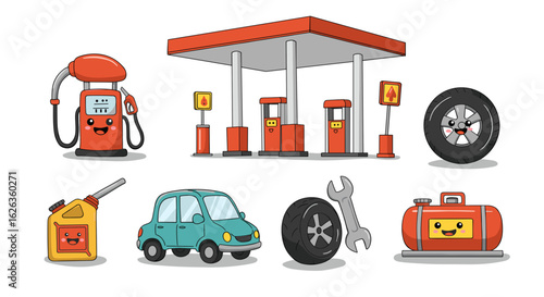 Whimsical gas station essentials and transportation elements in cartoon style