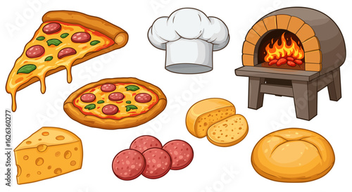 Charming cartoon still life featuring pizza ingredients and a pizza oven