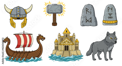Norse Mythology Pixel Art: Viking Helmet, Mjolnir, Runestones, Ship, and Wolf