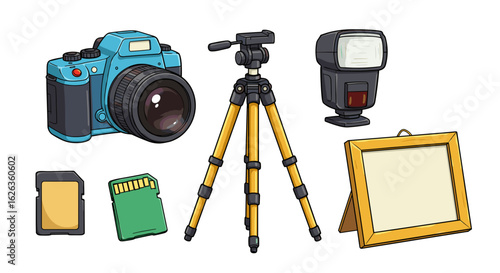 Cartoon style digital photography kit with camera and accessories layout
