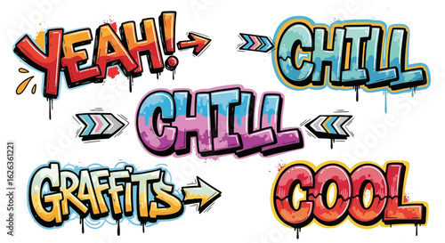 Vector SVG Graffiti Style Text Set with Bright Colors and Urban Spray Paint Effect in Modern Graffiti Style