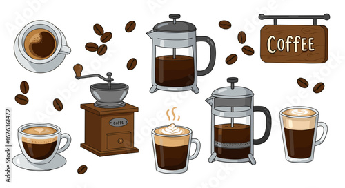 Coffee themed vector illustration featuring accessories and delicious looking hot beverages