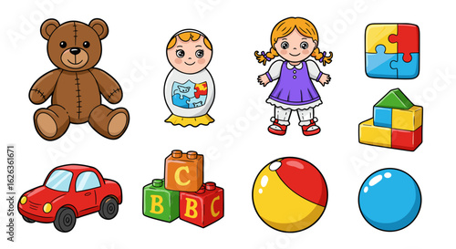 Whimsical cartoon collection of toys evokes a playful and child-friendly mood.