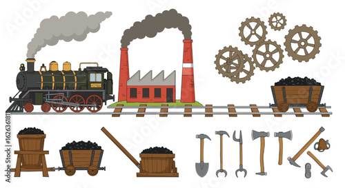 Vintage train, factory, coal, and tools depicted in a cartoon style
