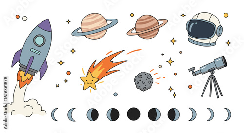 Cute cosmic cartoon set featuring planets, rocket and astronomical objects