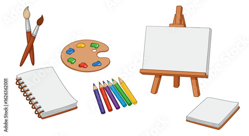 Colorful Artist Still Life Featuring Brushes, Palette, Easel, and Sketchbook