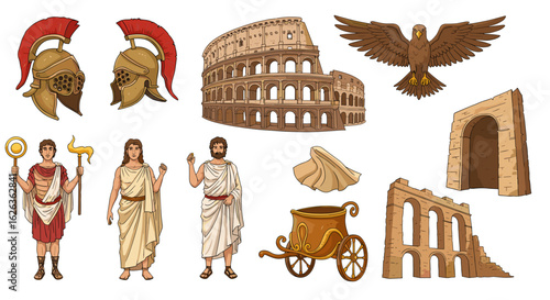 Ancient Rome themed illustration showcasing iconic symbols and characters of antiquity