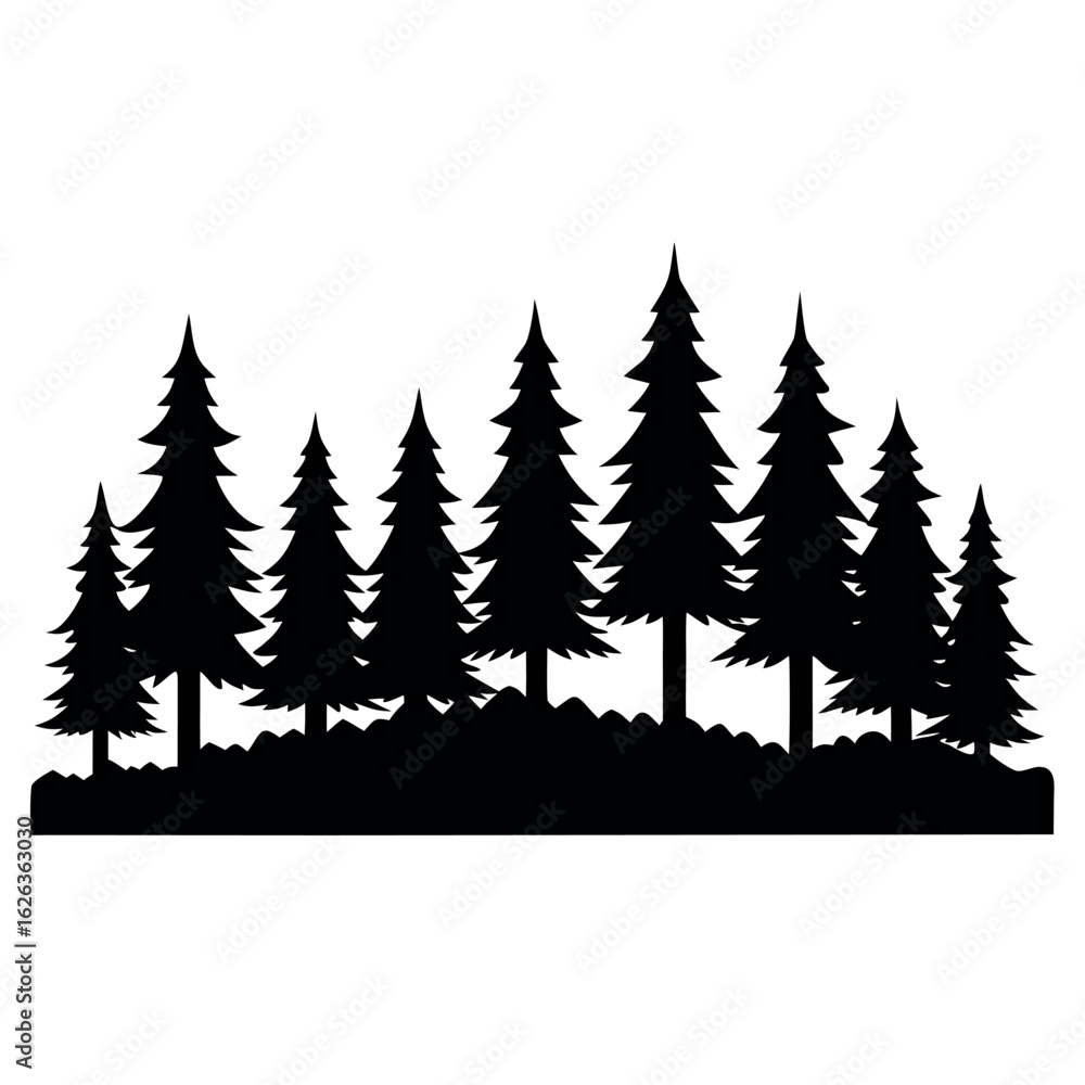 Fototapeta premium Black pine forest strip silhouette isolated on white background