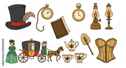 Victorian era themed illustration with vintage objects in a flat lay style