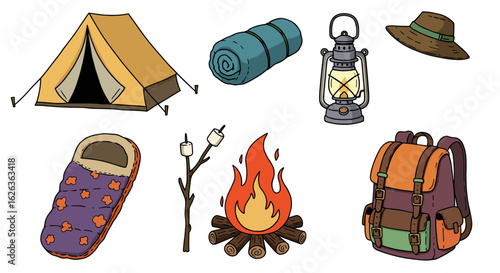 Camping equipment collection including tent, sleeping bag, campfire, backpack and lantern.