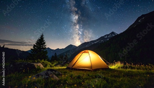 夜の森の中でテントを張ってキャンプ　夜空に輝く星
