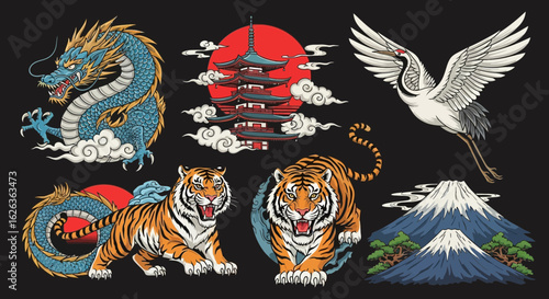 Vector Traditional Japanese Style SVG Illustration Set Featuring Dragon Pagoda Crane Tigers Mountain Flat Design