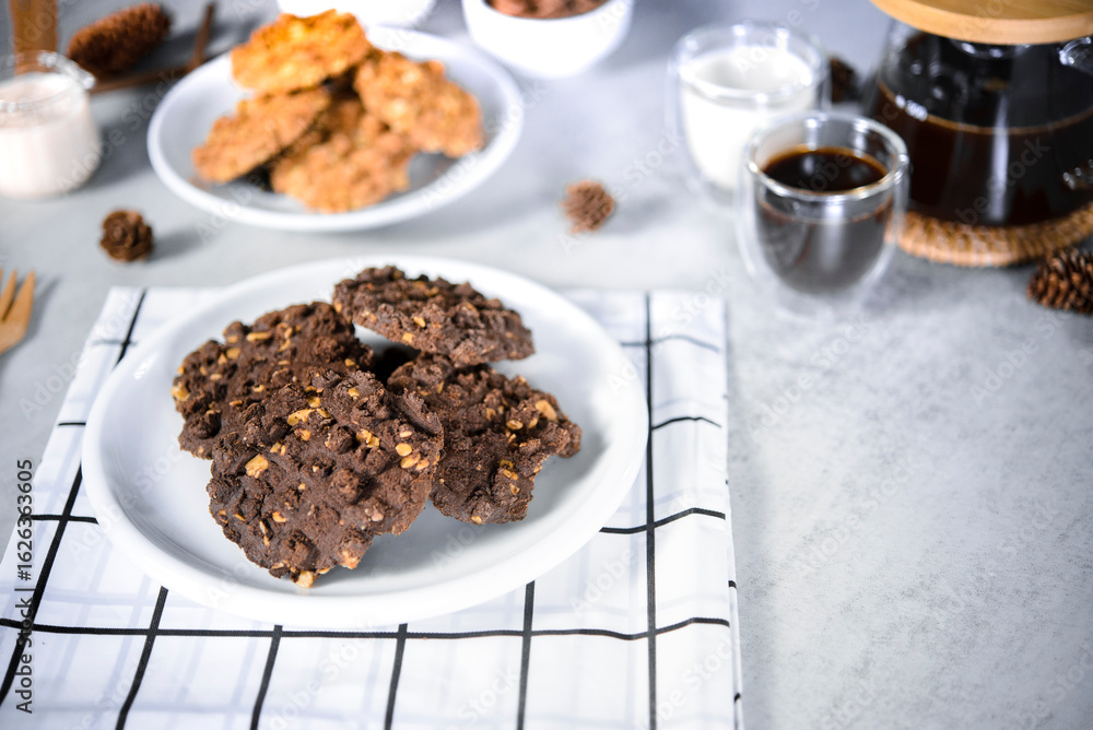 Flat Lay of Homemade Cookies and Coffee with Milk on Gray Table. Flat Lay of Homemade Cookies and Coffee with Milk on Gray Table.