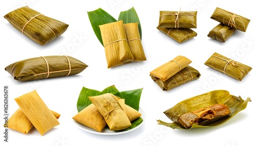 Various tamales wrapped in green leaves