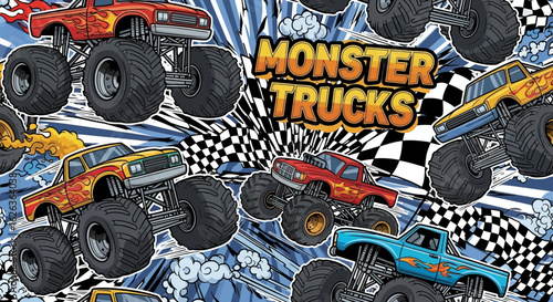Vector SVG Illustration of Monster Trucks with Bold Geometric Shapes in Modern Flat Style for Web and Digital Media