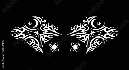Vector Abstract Geometric SVG Illustration with Symmetrical Butterfly Shape in Modern Minimalist Style Featuring Atomic Elements and Scientific Motifs