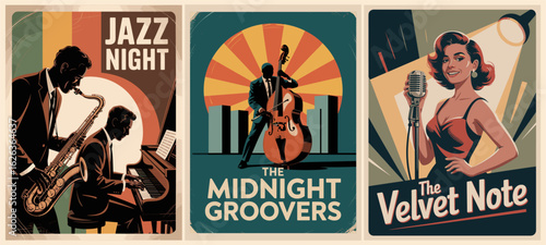 Set of mid-century modern jazz festival posters featuring musicians playing saxophone, piano, cello, and a stylish female singer with a vintage mic. Retro vector art full of rhythm and charm