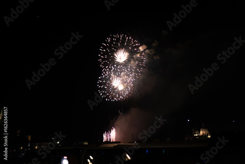 A photo of a large fireworks is lit up the night sky