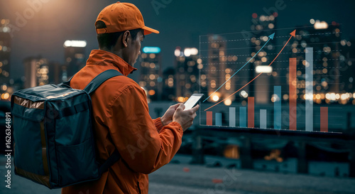 Delivery person analyzing data in a city at night.