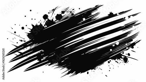 Vector art of abstract black ink brush stroke splatter and splash isolated on white background, representing grunge texture and artistic design elements