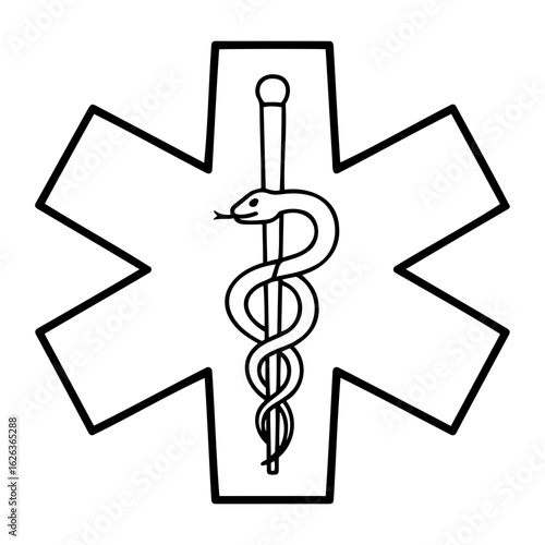 Vector  outlined star of life symbol with snake and staff illustration on transparent background