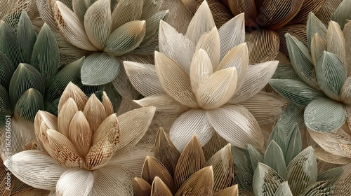 Detailed close-up of stylized lotus flowers in muted tones
