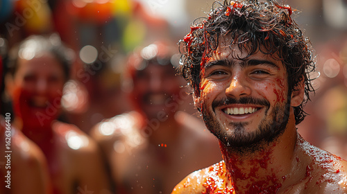 Celebrants enjoy La Tomatina festival in Bunol, Spain, covered in tomato pulp
