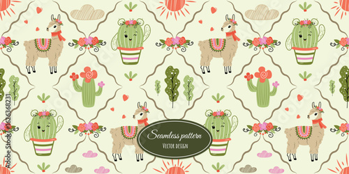 Vintage seamless pattern with hand-drawn funny characters. Cute llama and cactus. Vector vintage design for fabric, wallpaper, wrapping paper, and more.