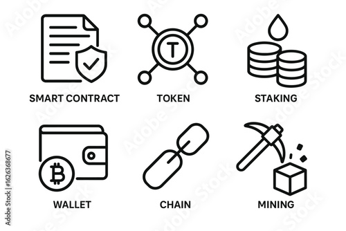 Cryptocurrency concepts: smart contract, token, staking, wallet, chain, mining icons