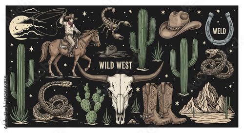 Vector Wild West Themed SVG Illustration with Cowboy, Horse, Cactus, Skull, Mountain, Snake, Hat, Horseshoe and Rope in Flat Style