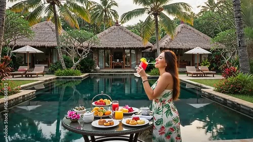 Woman enjoying colorful drinks and a lavish breakfast by a serene poolside in a tropical resort