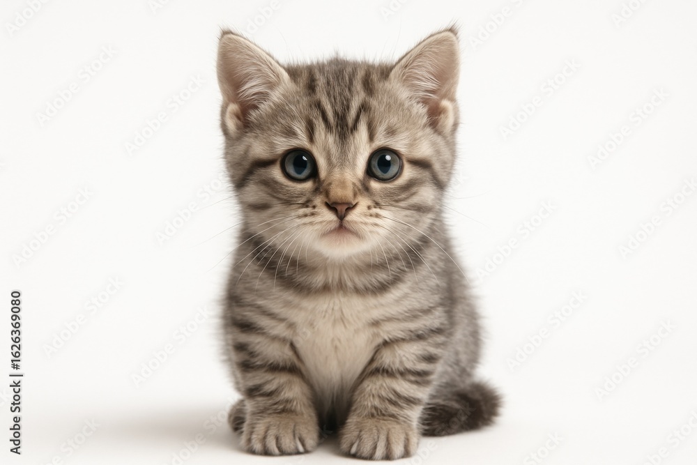 Obraz premium A cute little grey tabby kitten with wide, innocent eyes sitting calmly on a clean, isolated white background.