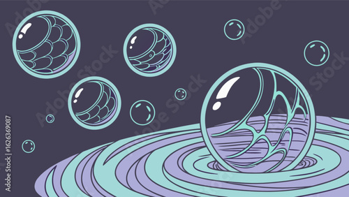 Abstract vector illustration of floating bubbles over water ripples digital art design concept drawing art work