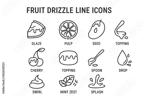 Fruit drizzle line icons: glaze, pulp, seed, topping, cherry, spoon, drop, swirl, mint, splash