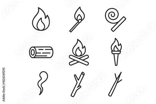 Simple fire icons: match, campfire, torch, smoke, stick, log