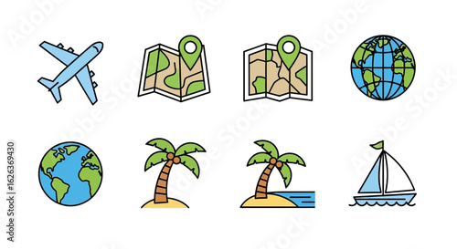 Flat Style Vector SVG Icon Set with Travel and Nature Elements in Bright Colors Modern Minimalist Design
