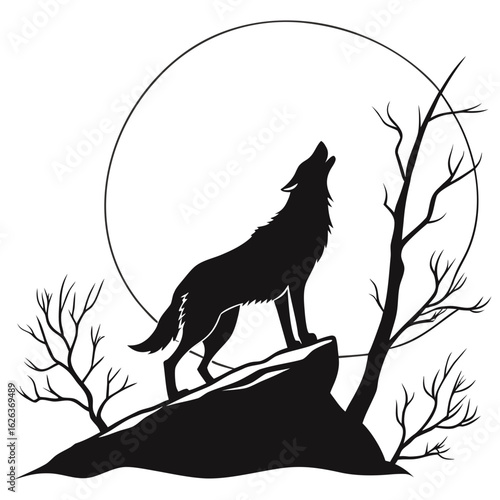 Silhouette Of A Howling Wolf On A Cliff Under Moo