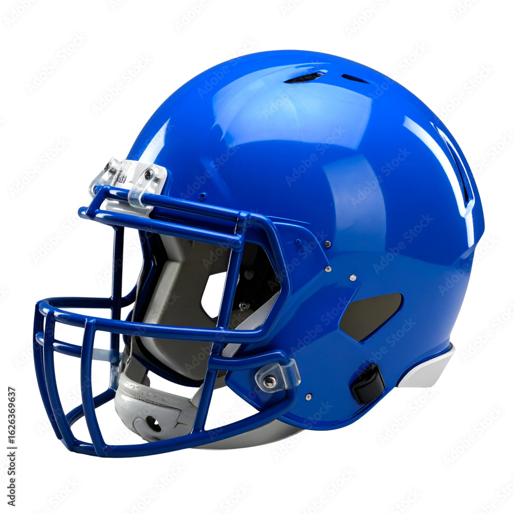 Fototapeta premium Angled Side View of Blue American Football Helmet with Chin Strap, Shadow Detail, Transparent PNG