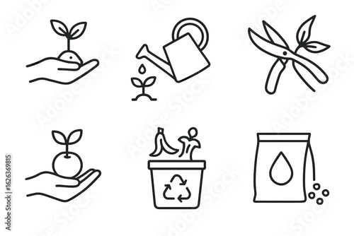 Eco-friendly gardening icons: planting, watering, pruning, recycling, fertilizing