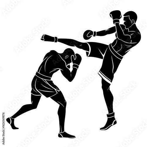 Silhouettes Of Kickboxers In Combat