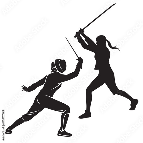 Vector Of Fencers In Mid Duel Sword Sport Silhou