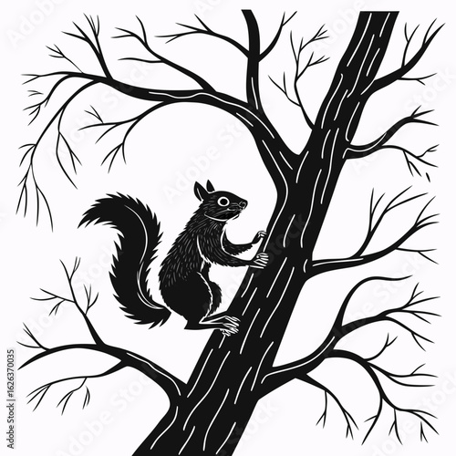 Vector Silhouette Of A Squirrel Climbing A Tree