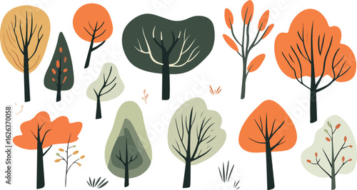 Collection of diverse stylized trees in autumn colors with whimsical hand drawn artistic style