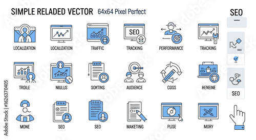 Vector Minimalist Line Art SVG Icon Set with Blue Accents Featuring SEO and Digital Marketing Symbols in Flat Design Style